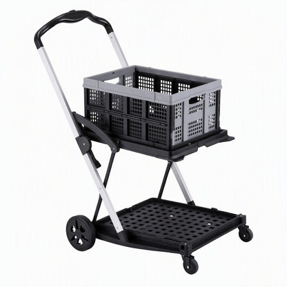 Artiss Shopping Trolley with Wheels 2 Layer w/1 Crate Foldable Trolley Grey