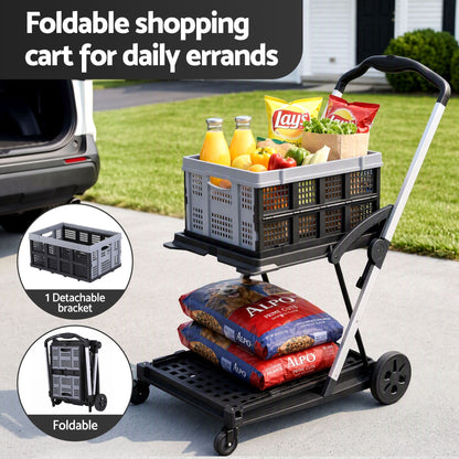 Artiss Shopping Trolley with Wheels 2 Layer w/1 Crate Foldable Trolley Grey