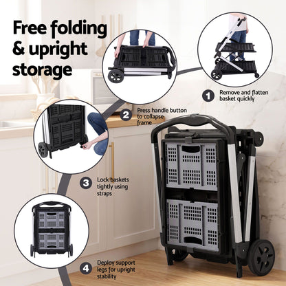 Artiss Shopping Trolley with Wheels 2 Layer w/1 Crate Foldable Trolley Grey
