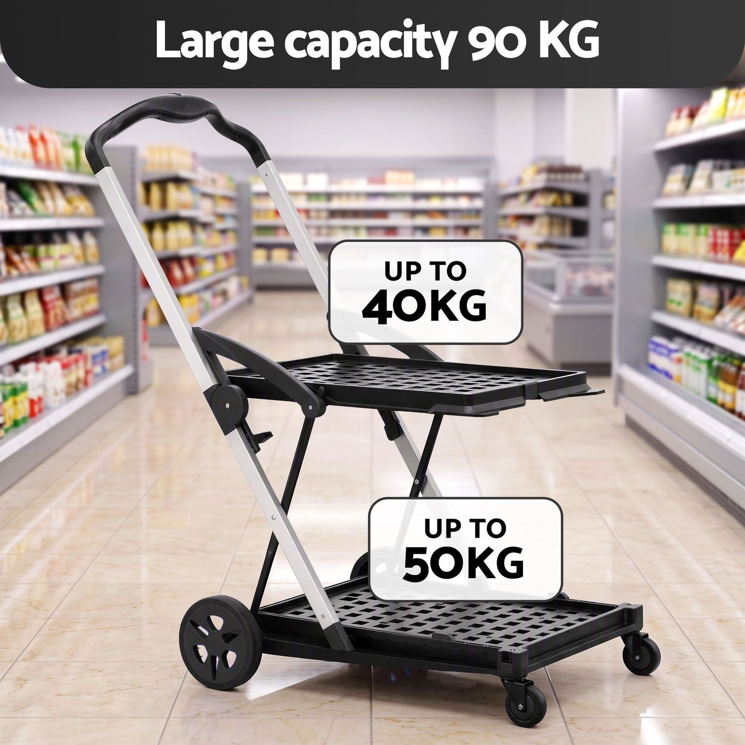 Artiss Shopping Trolley with Wheels 2 Layer w/1 Crate Foldable Trolley Grey