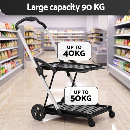 Artiss Shopping Trolley with Wheels 2 Layer w/1 Crate Foldable Trolley Grey