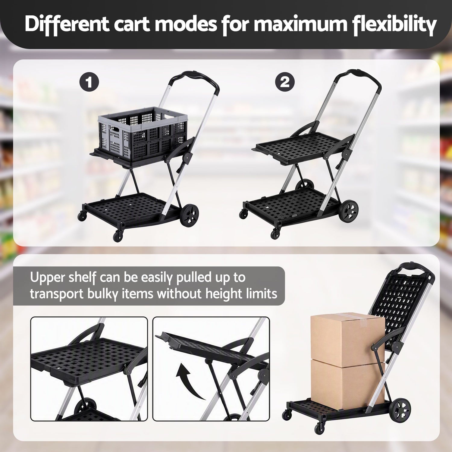 Artiss Shopping Trolley with Wheels 2 Layer w/1 Crate Foldable Trolley Grey
