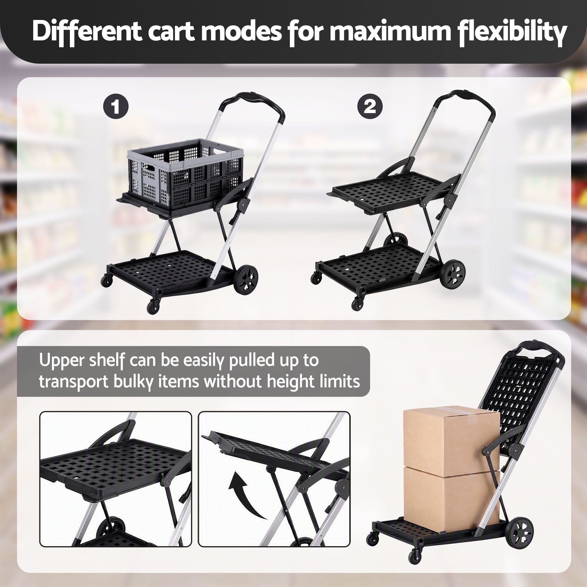 Artiss Shopping Trolley with Wheels 2 Layer w/1 Crate Foldable Trolley Grey
