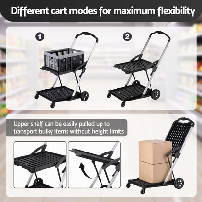 Artiss Shopping Trolley with Wheels 2 Layer w/1 Crate Foldable Trolley Grey