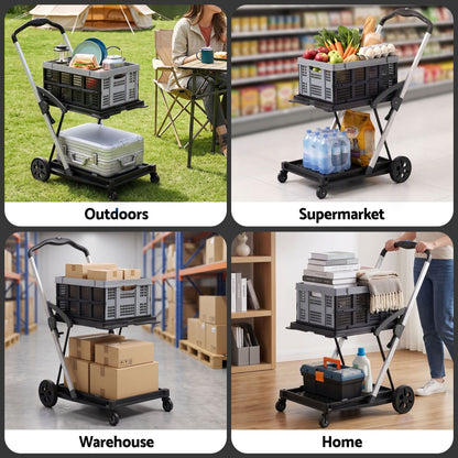 Artiss Shopping Trolley with Wheels 2 Layer w/1 Crate Foldable Trolley Grey
