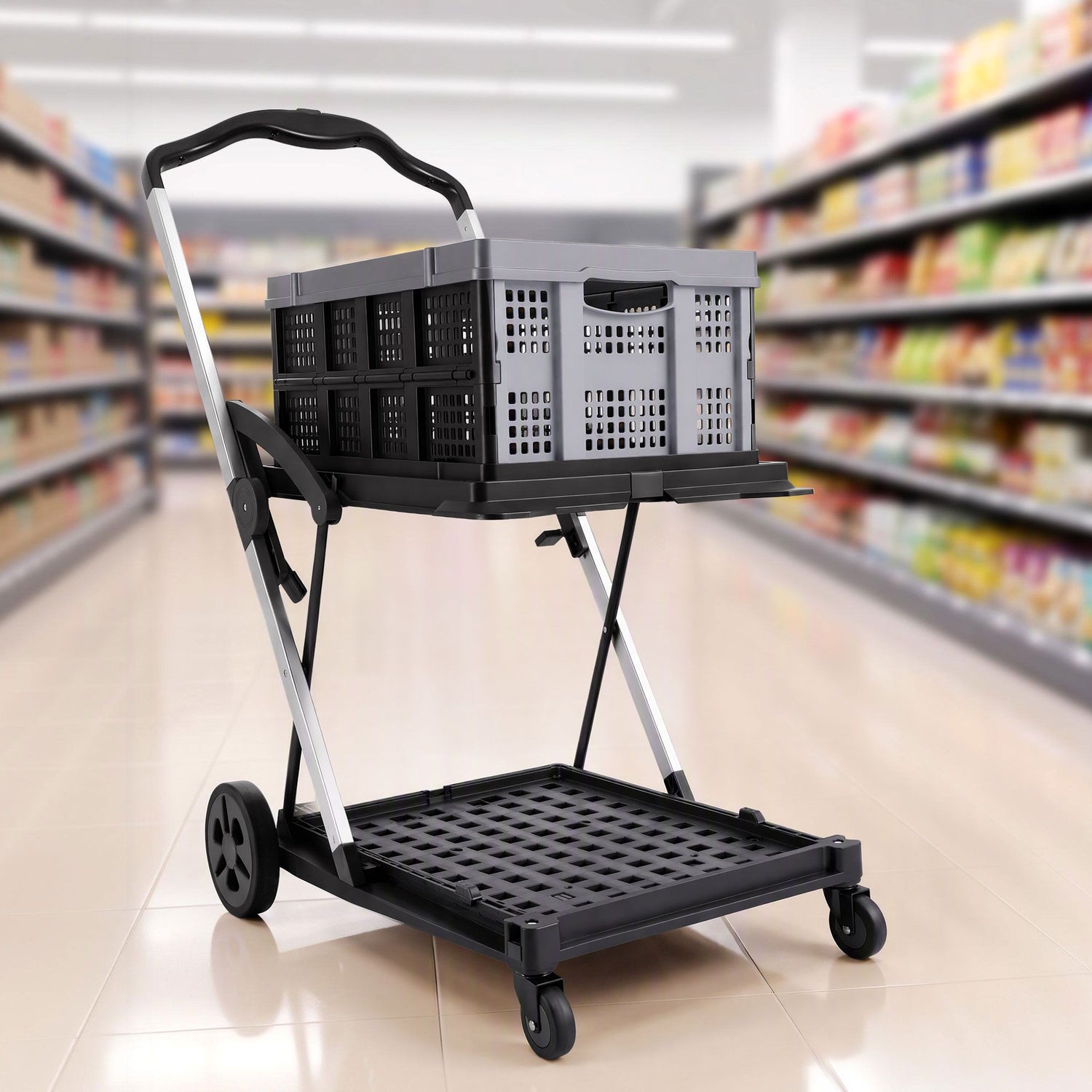 Artiss Shopping Trolley with Wheels 2 Layer w/1 Crate Foldable Trolley Grey