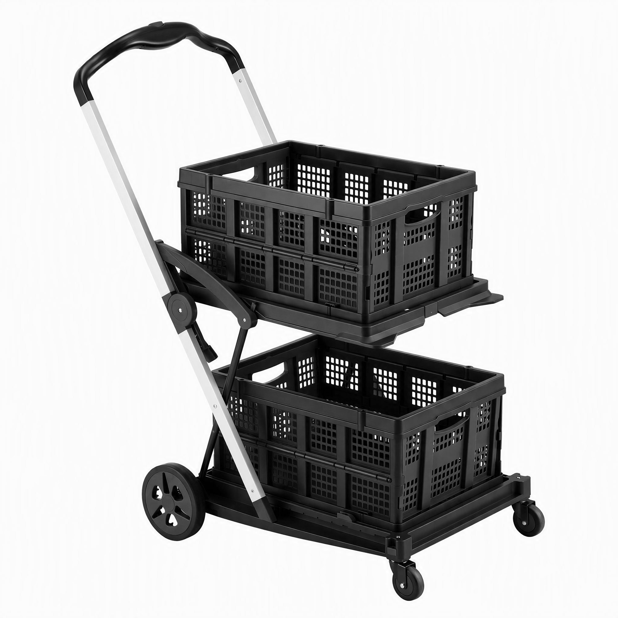 Artiss Shopping Trolley with Wheels 2 Layer w/2 Crates Foldable Trolley Black