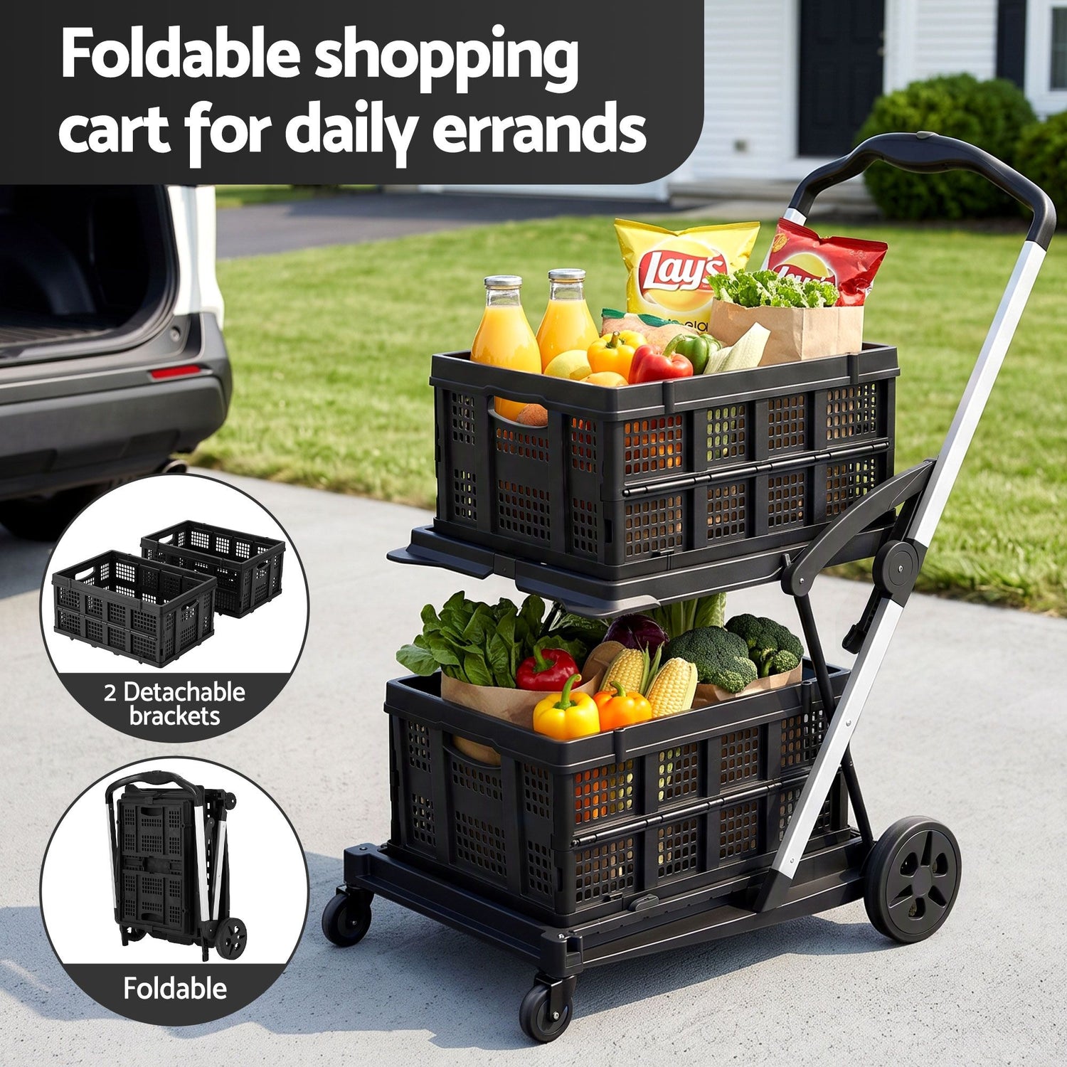 Artiss Shopping Trolley with Wheels 2 Layer w/2 Crates Foldable Trolley Black
