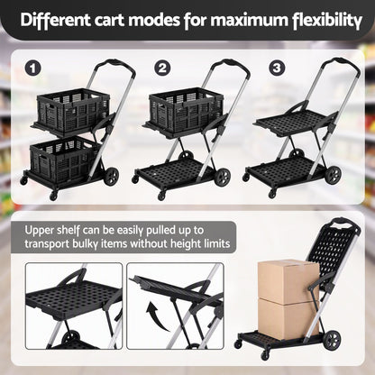 Artiss Shopping Trolley with Wheels 2 Layer w/2 Crates Foldable Trolley Black