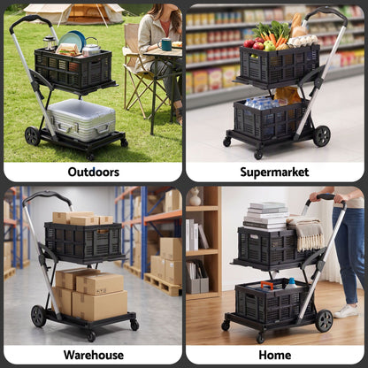 Artiss Shopping Trolley with Wheels 2 Layer w/2 Crates Foldable Trolley Black