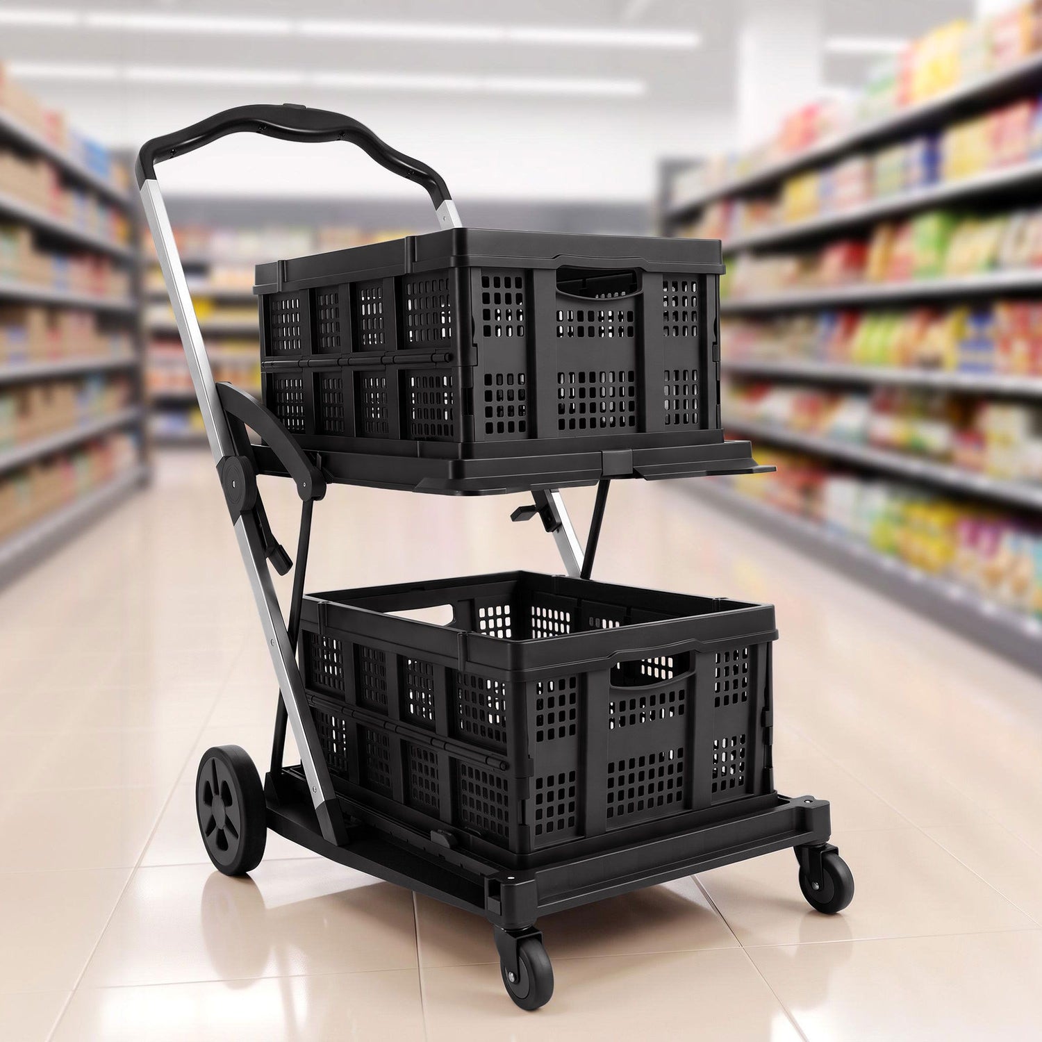 Artiss Shopping Trolley with Wheels 2 Layer w/2 Crates Foldable Trolley Black