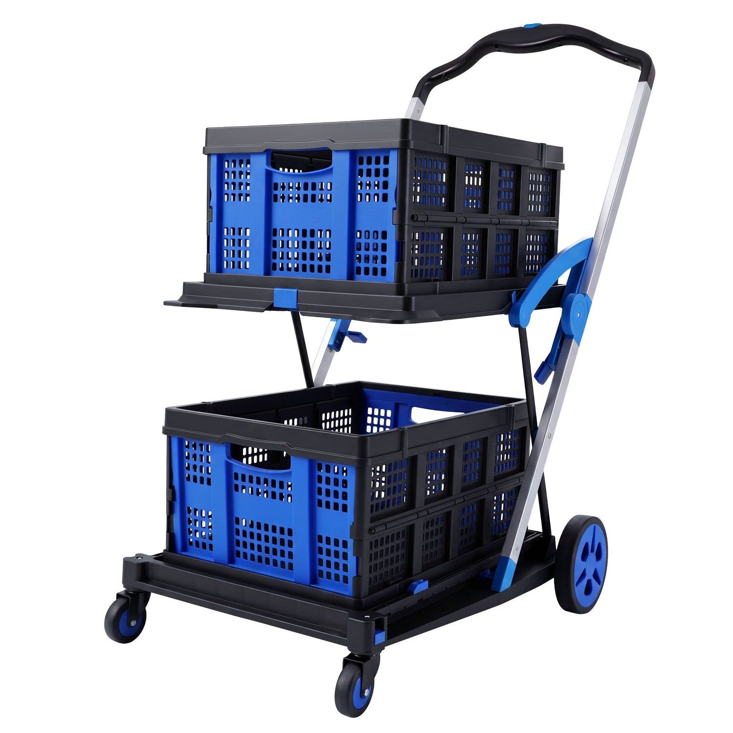 Artiss Shopping Trolley with Wheels 2 Layer w/2 Crates Foldable Trolley Blue