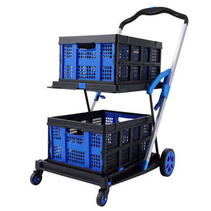 Artiss Shopping Trolley with Wheels 2 Layer w/2 Crates Foldable Trolley Blue