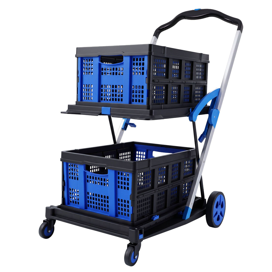 Artiss Shopping Trolley with Wheels 2 Layer w/2 Crates Foldable Trolley Blue-Tools > Tools Storage > Utility Trolleys-PEROZ Accessories