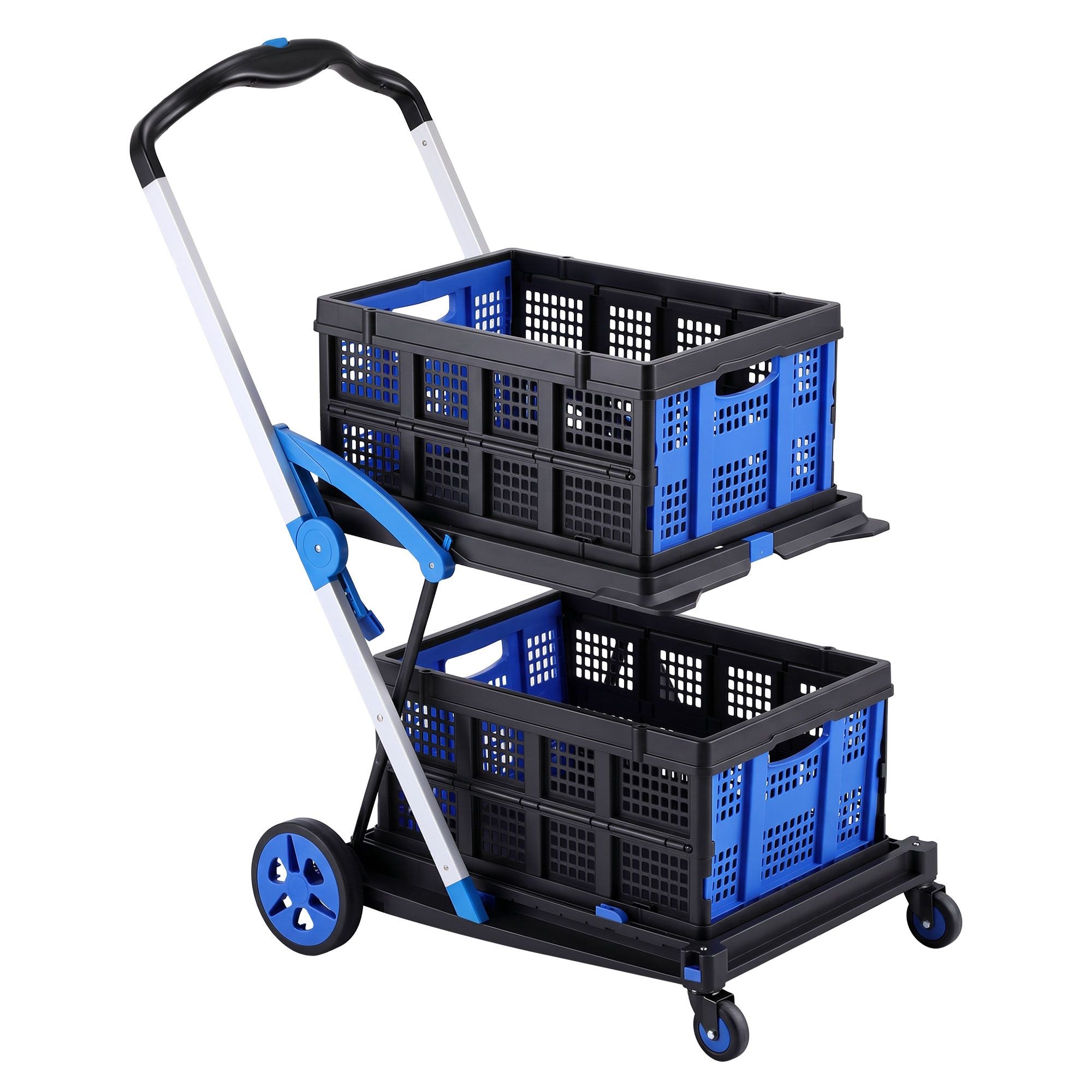 Artiss Shopping Trolley with Wheels 2 Layer w/2 Crates Foldable Trolley Blue