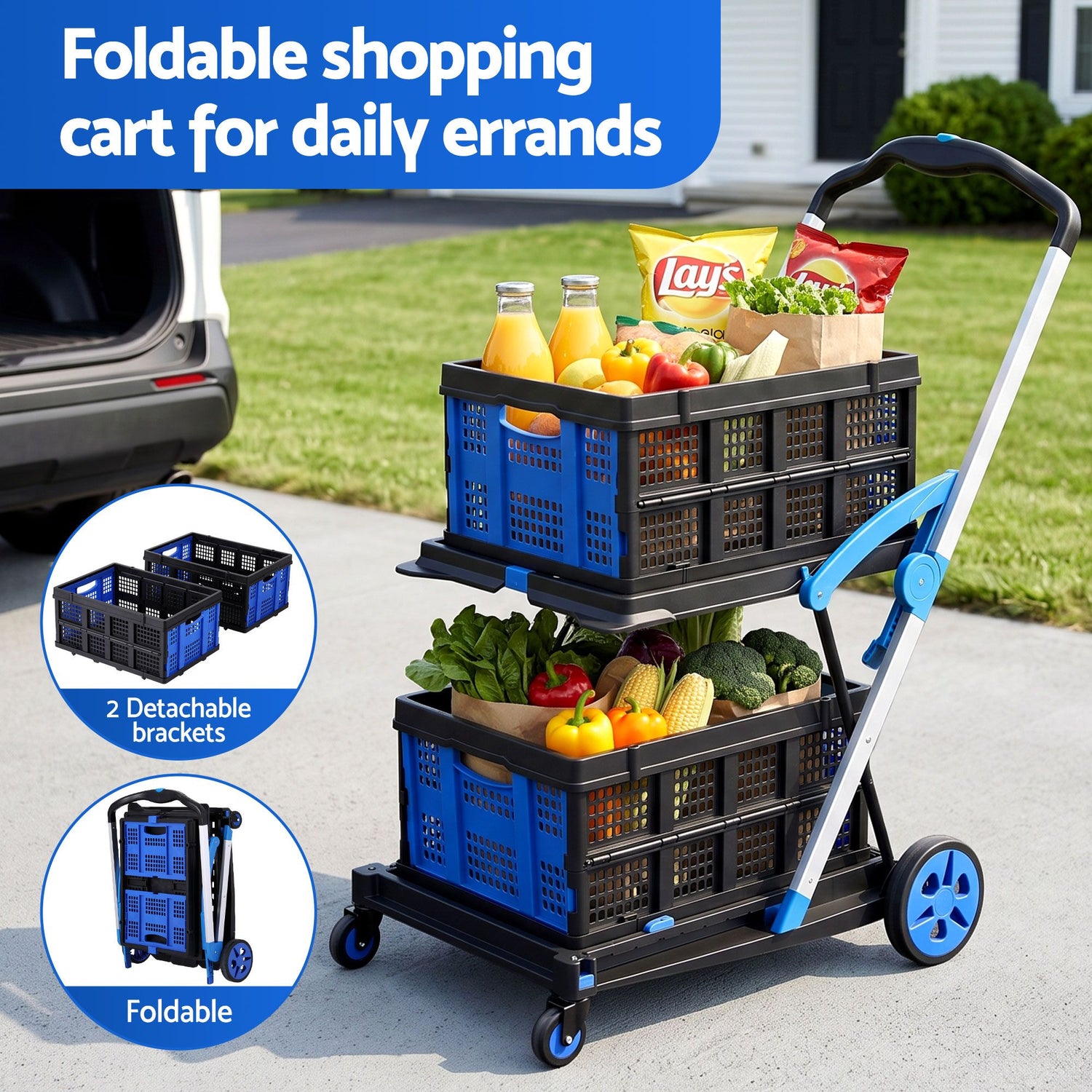 Artiss Shopping Trolley with Wheels 2 Layer w/2 Crates Foldable Trolley Blue