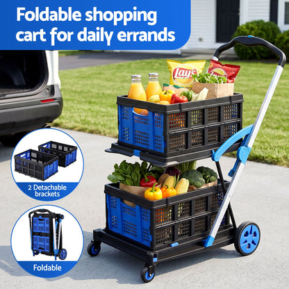 Artiss Shopping Trolley with Wheels 2 Layer w/2 Crates Foldable Trolley Blue