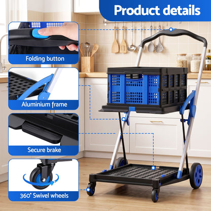 Artiss Shopping Trolley with Wheels 2 Layer w/2 Crates Foldable Trolley Blue