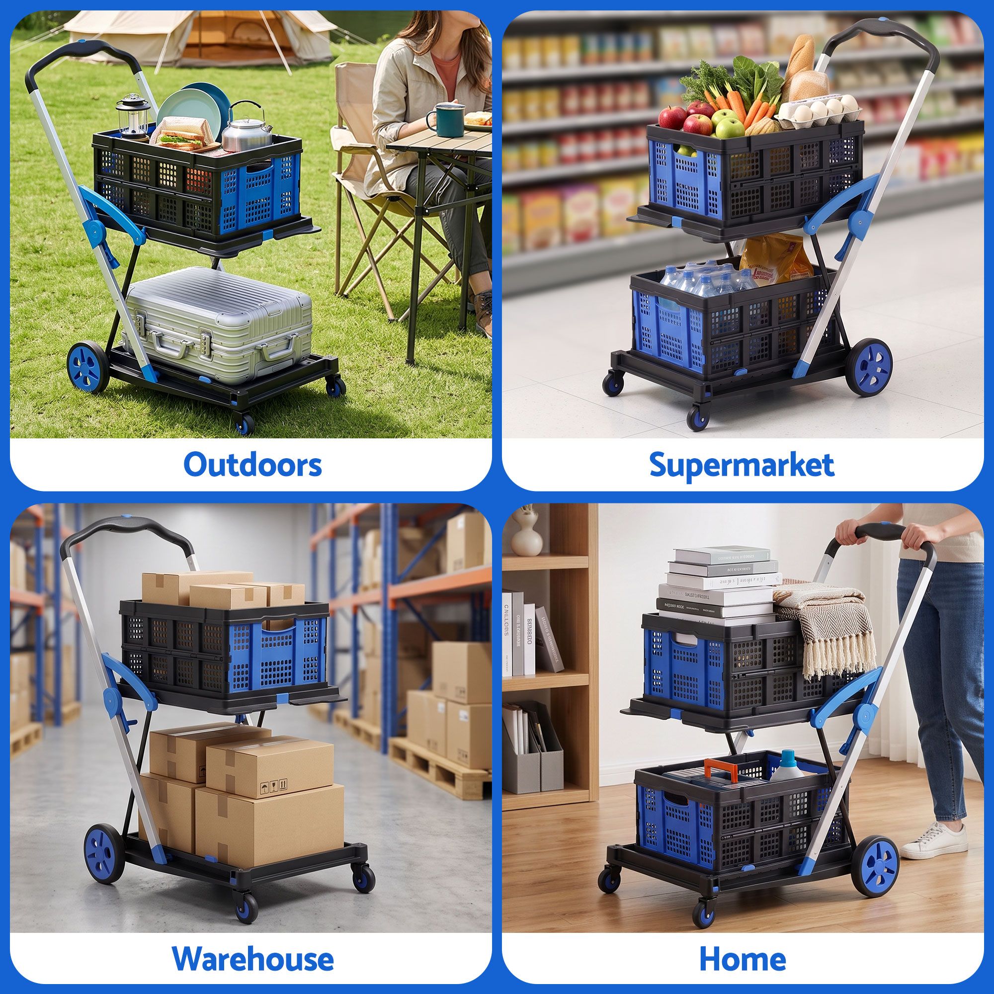 Artiss Shopping Trolley with Wheels 2 Layer w/2 Crates Foldable Trolley Blue