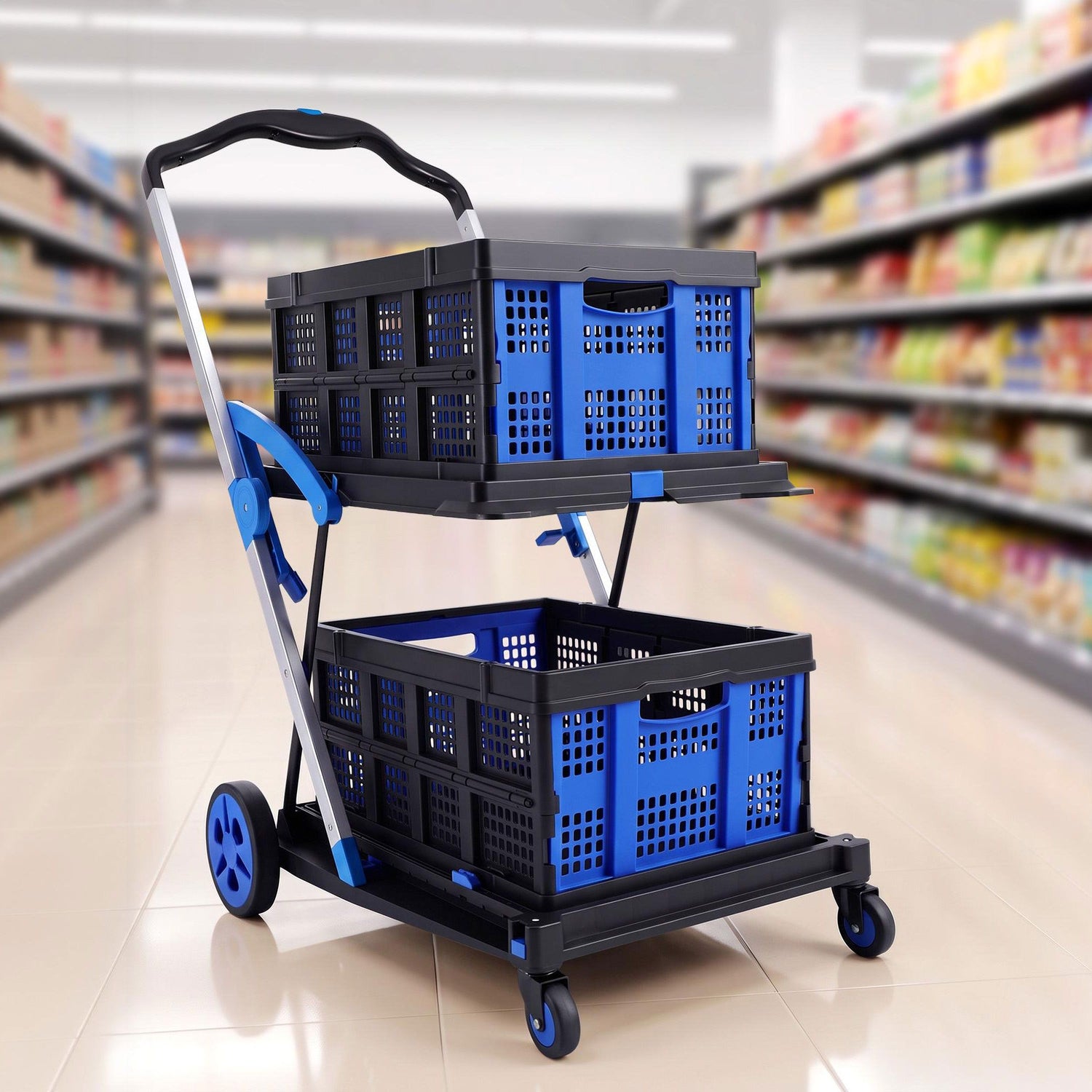Artiss Shopping Trolley with Wheels 2 Layer w/2 Crates Foldable Trolley Blue