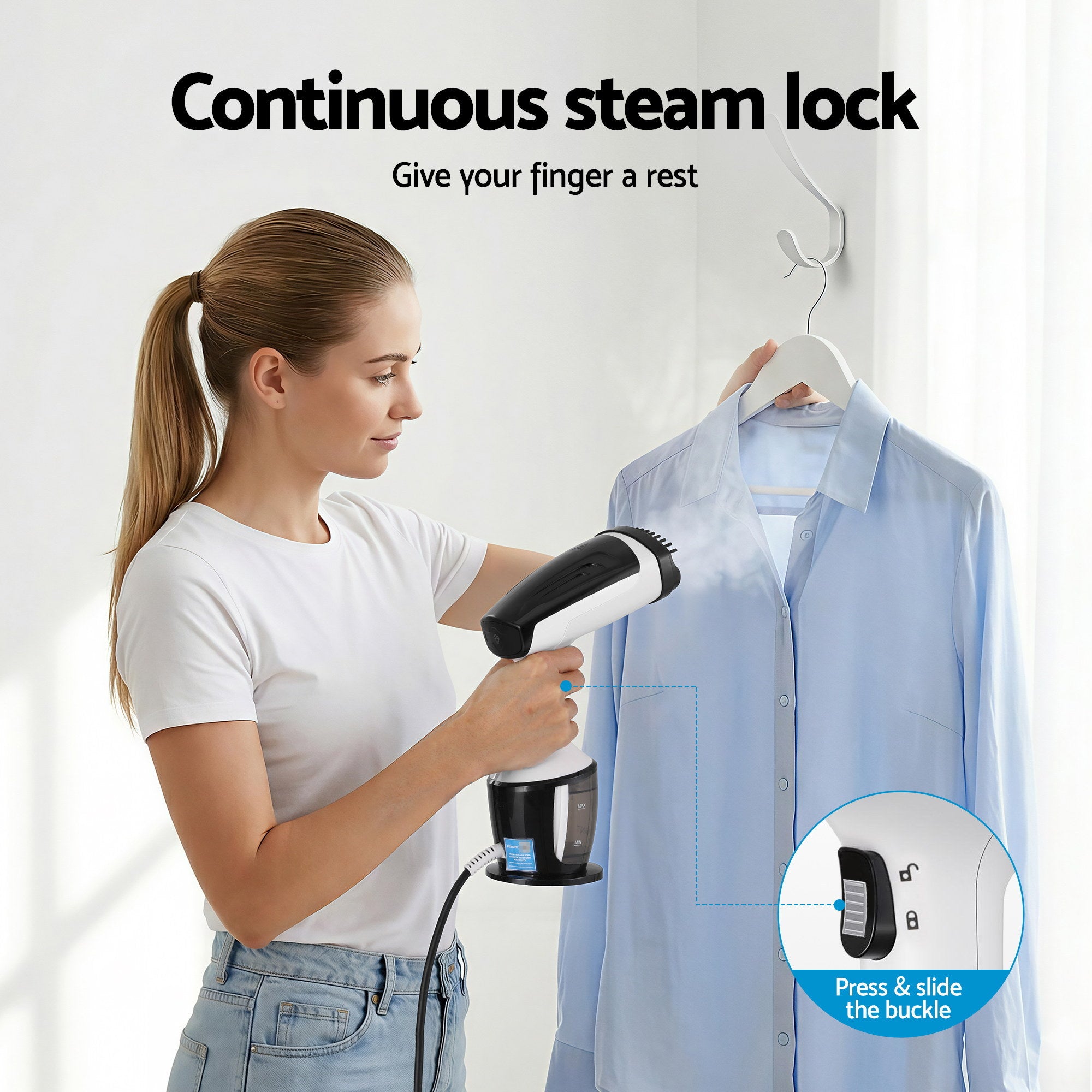 Devanti Clothes Steamer, 1500W Powerful Fast 30s Heat-Up Continuous Steam Lock 160ml Tank Fabric Brush Portable Handheld Steam Iron for Home Travel Business Trip-Appliances > Washers, Dryers &amp; Irons > Irons &amp; Ironing Systems-PEROZ Accessories
