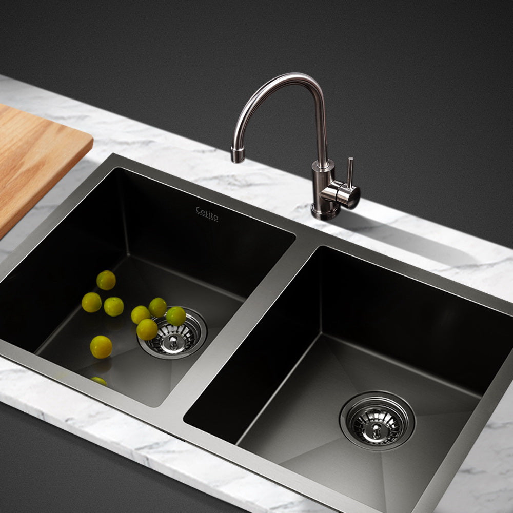 Cefito Kitchen Sink 77X45CM Stainless Steel Basin Double Bowl Black-Furniture &gt; Bathroom &gt; Sinks-PEROZ Accessories