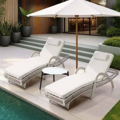 Livsip 3PCS Outdoor Sun Lounger Wicker Lounge Table Chairs Grey-Sun Lounge-PEROZ Accessories