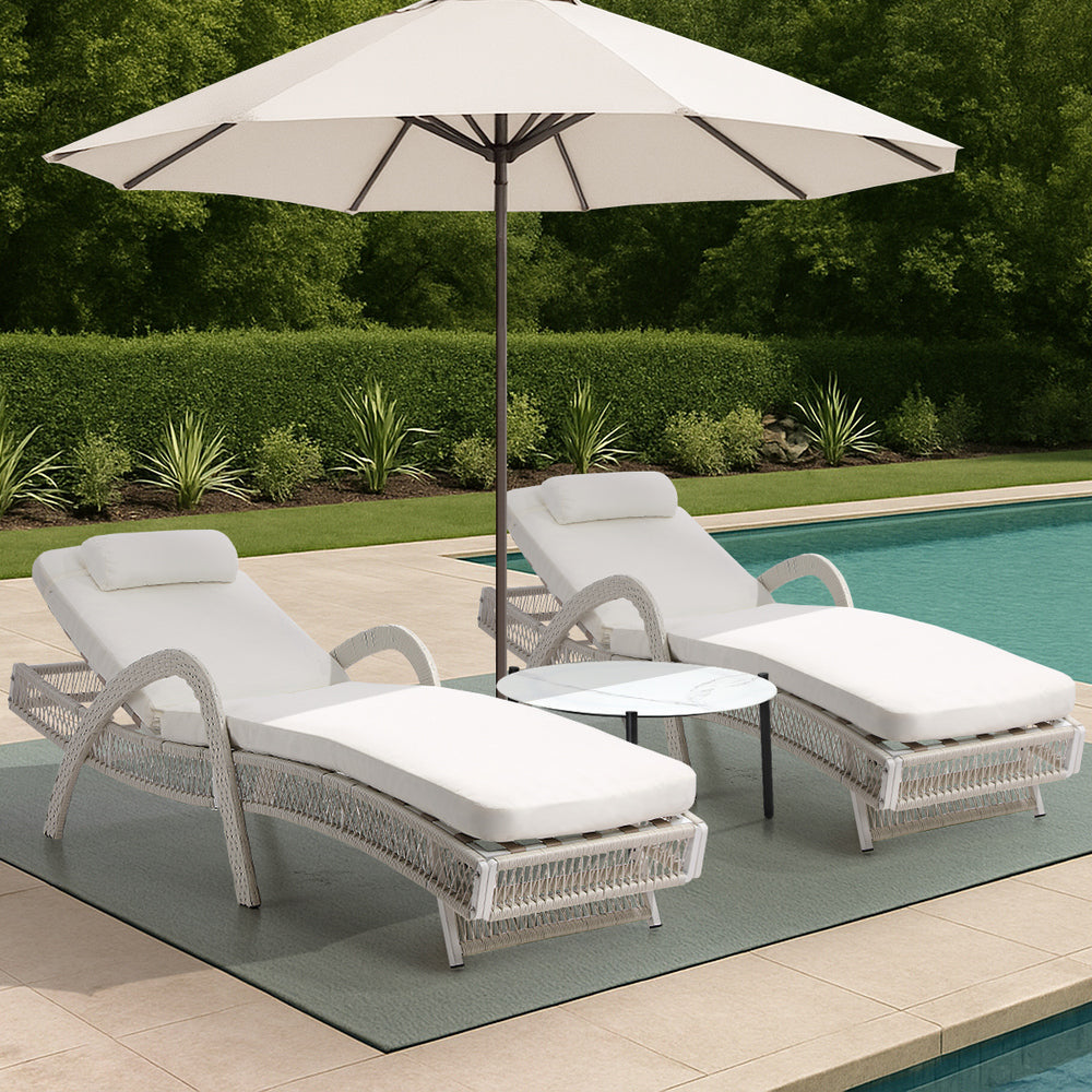 Livsip 3PCS Outdoor Sun Lounger Wicker Lounge Table Chairs Grey-Sun Lounge-PEROZ Accessories