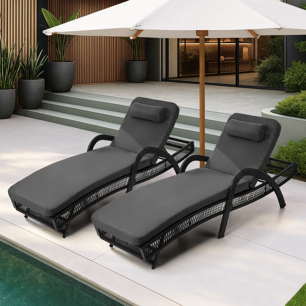 Livsip 2PCS Outdoor Sun Lounge Wicker Bed Patio Furniture Grey-Sun Lounge-PEROZ Accessories
