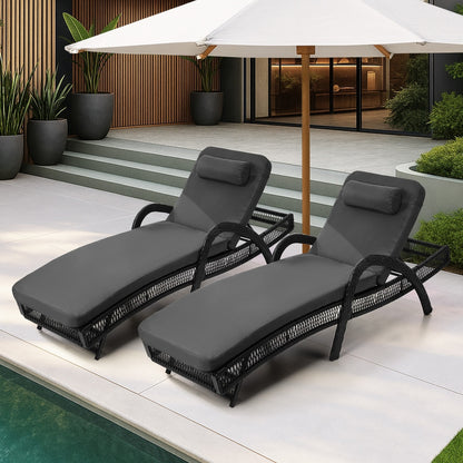 Livsip 2PCS Outdoor Sun Lounge Wicker Bed Patio Furniture Grey-Sun Lounge-PEROZ Accessories