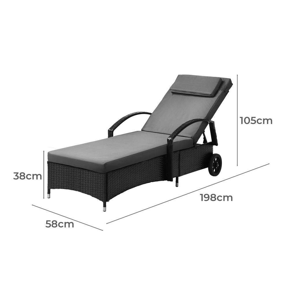 Livsip Wheeled Sun Lounger Day Bed Outdoor Setting Patio Furniture Black-Sun Lounge-PEROZ Accessories