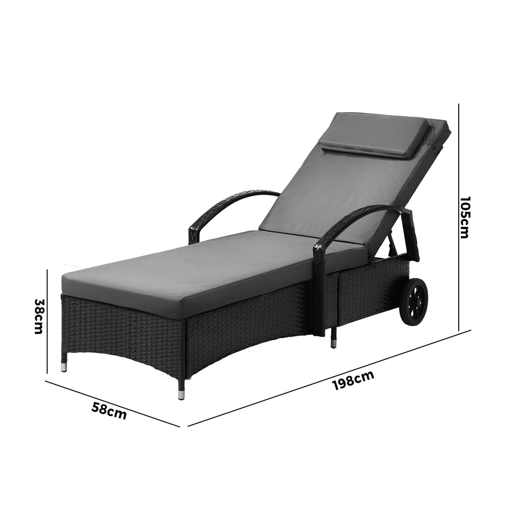 Livsip Wheeled Sun Lounger Day Bed Outdoor Setting Patio Furniture Black-Sun Lounges-PEROZ Accessories