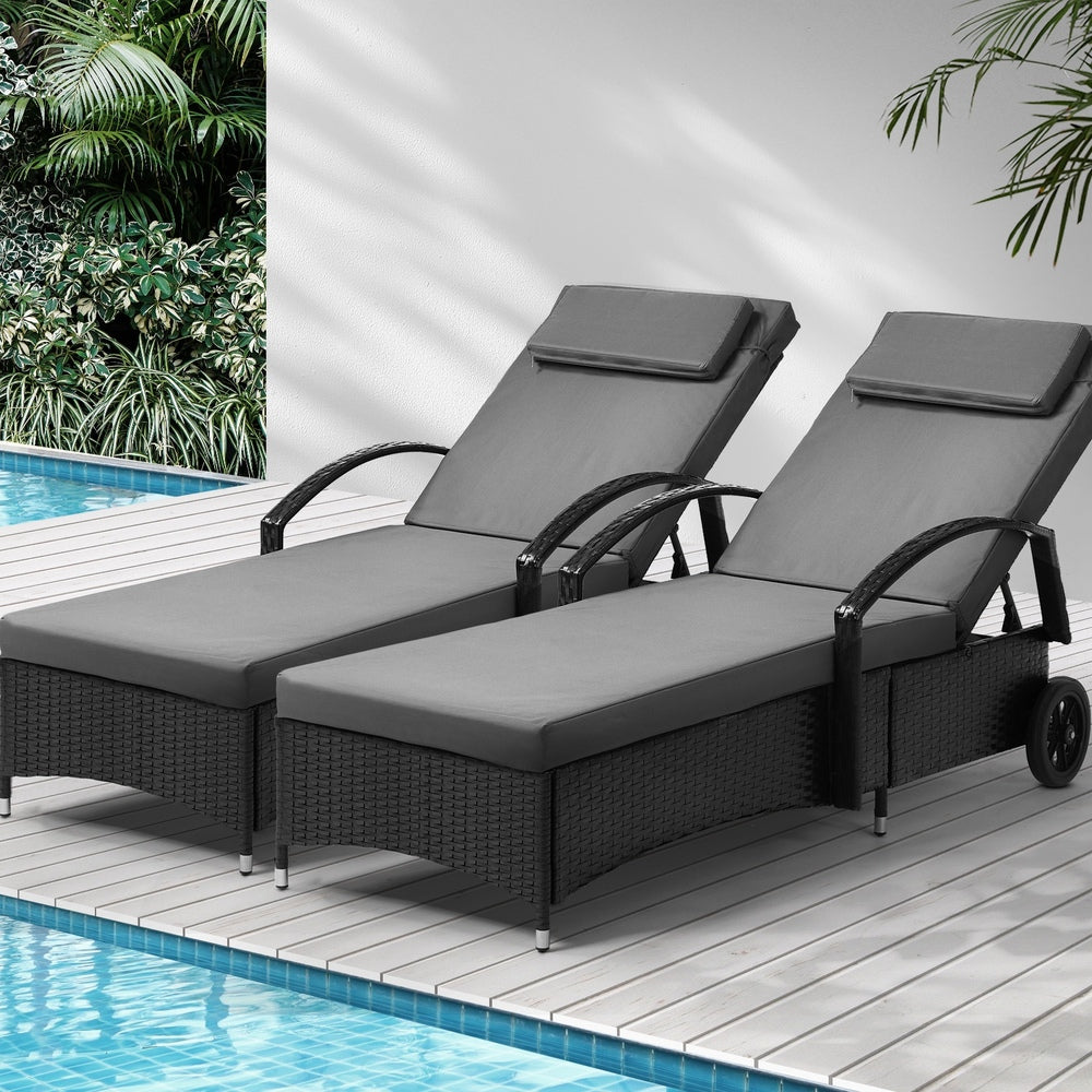 Livsip 2x Sun Lounge Adjustable Backrest Wicker Black-Sun Lounge-PEROZ Accessories