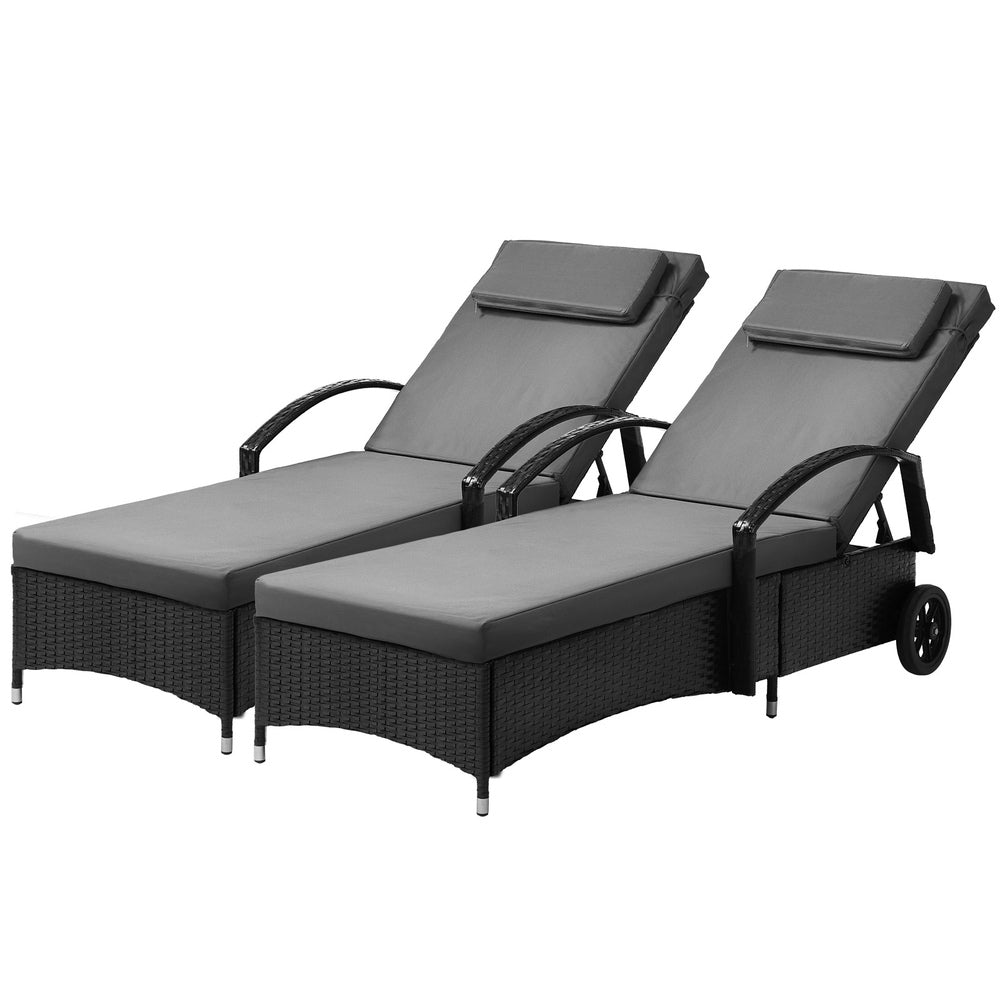 Livsip 2x Sun Lounge Adjustable Backrest Wicker Black-Sun Lounge-PEROZ Accessories