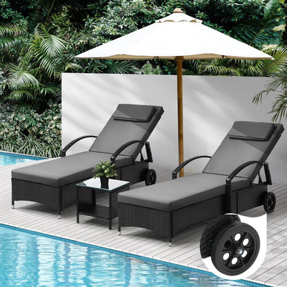Livsip 2x Wheeled Sun Lounger Day Bed &amp; Table Outdoor Setting Patio Furniture-Sun Lounge-PEROZ Accessories