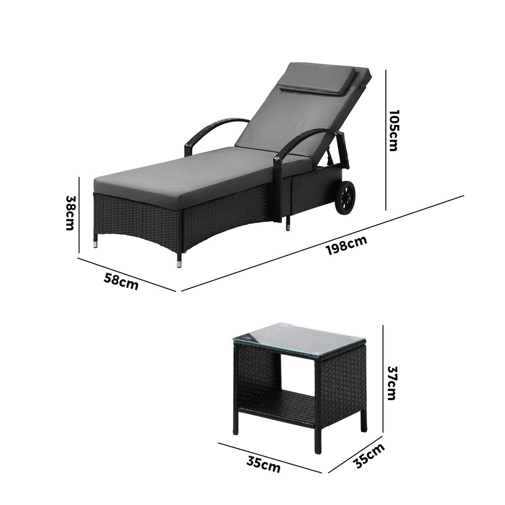 Livsip 2x Wheeled Sun Lounger Day Bed &amp; Table Outdoor Setting Patio Furniture-Sun Lounges-PEROZ Accessories