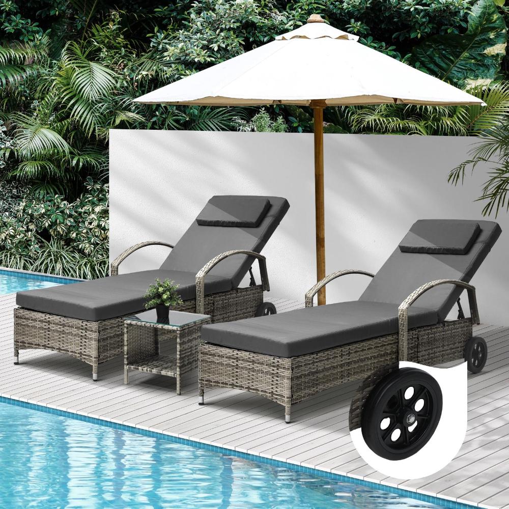 Livsip 2x Wheeled Sun Lounger Day Bed W/ Table Outdoor Setting Patio Furniture-Sun Lounge-PEROZ Accessories