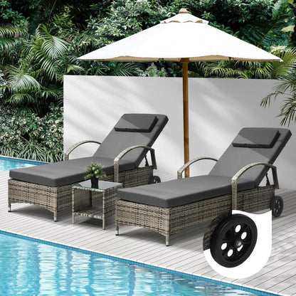 Livsip 2x Wheeled Sun Lounger Day Bed W/ Table Outdoor Setting Patio Furniture-Sun Lounge-PEROZ Accessories