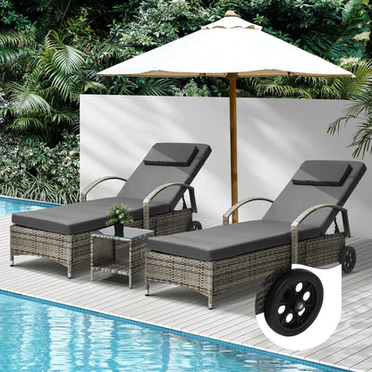 Livsip 2x Wheeled Sun Lounger Day Bed W/ Table Outdoor Setting Patio Furniture-Sun Lounges-PEROZ Accessories