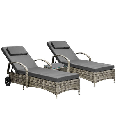 Livsip 2x Wheeled Sun Lounger Day Bed W/ Table Outdoor Setting Patio Furniture-Sun Lounges-PEROZ Accessories