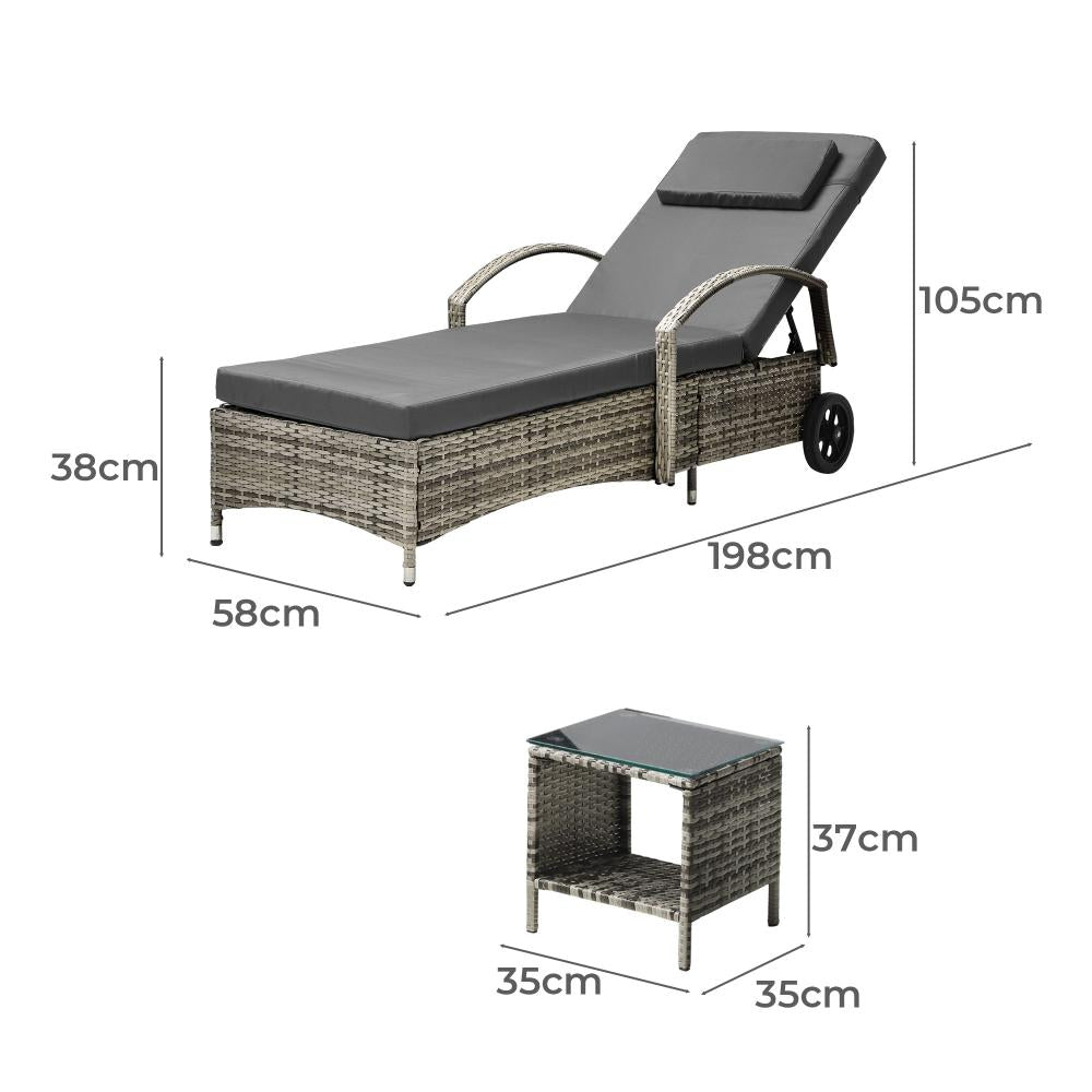 Livsip 2x Wheeled Sun Lounger Day Bed W/ Table Outdoor Setting Patio Furniture-Sun Lounge-PEROZ Accessories