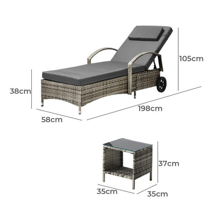 Livsip 2x Wheeled Sun Lounger Day Bed W/ Table Outdoor Setting Patio Furniture-Sun Lounge-PEROZ Accessories