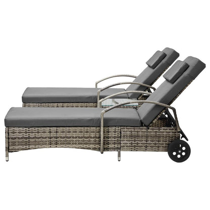 Livsip 2x Wheeled Sun Lounger Day Bed W/ Table Outdoor Setting Patio Furniture-Sun Lounge-PEROZ Accessories