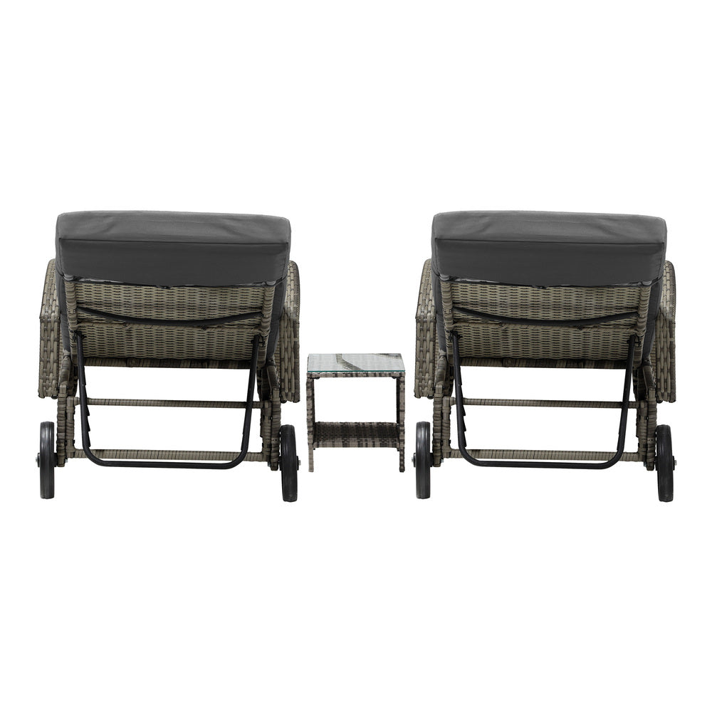 Livsip 2x Wheeled Sun Lounger Day Bed W/ Table Outdoor Setting Patio Furniture-Sun Lounges-PEROZ Accessories