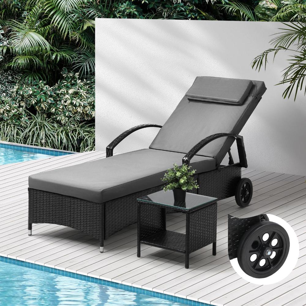 Livsip Sun Lounger Wheeled Day Bed with Table Set Outdoor Patio Furniture-Sun Lounge-PEROZ Accessories