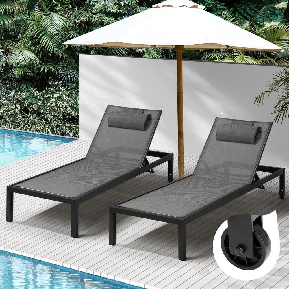 Livsip 2pc Sun Lounge with Aluminium Frame and Wheels Removable Day Bed Outdoor Furniture Garden Patio Lounge-Sun Lounge-PEROZ Accessories