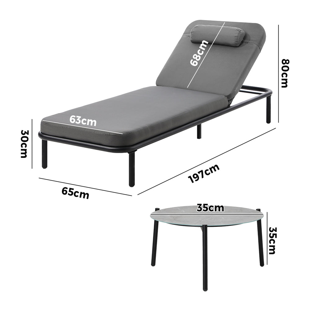 Livsip 3PCS Sun Lounge Outdoor Lounger Set Table Chairs Grey-Sun Lounge-PEROZ Accessories