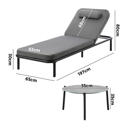 Livsip 3PCS Sun Lounge Outdoor Lounger Set Table Chairs Grey-Sun Lounge-PEROZ Accessories