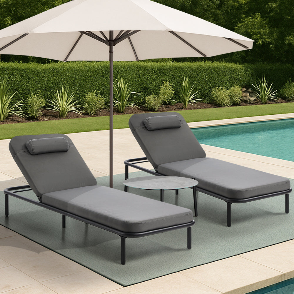 Livsip 3PCS Sun Lounge Outdoor Lounger Set Table Chairs Grey-Sun Lounge-PEROZ Accessories