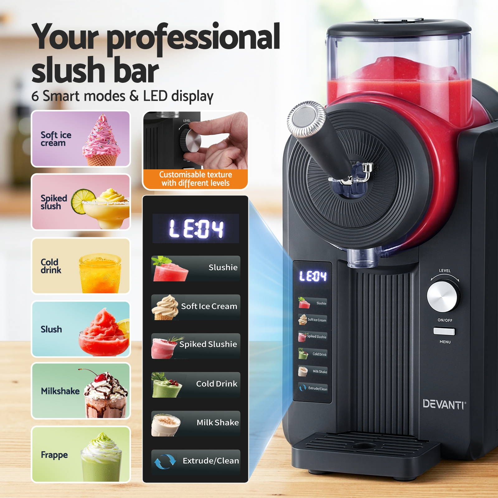 Devanti 2L Slushie Machine Ice Cream Maker Frozen Smoothies Milkshakes Black-Appliances > Kitchen Appliances > Ice Makers-PEROZ Accessories